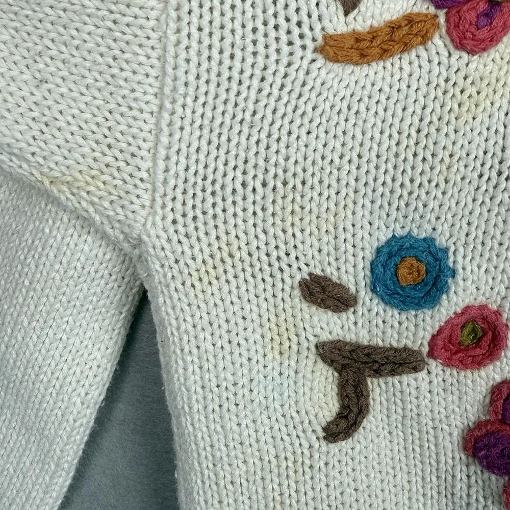 Vtg Cable Knit Mock Neck Sweater Spring Floral Embroidered Grandmacore Med *read